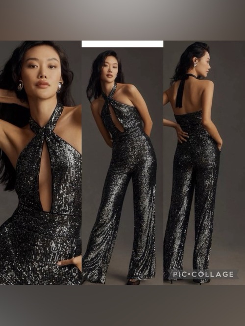 Anthropologie Carbon Green Sequin Halter Jumpsuit Size 12